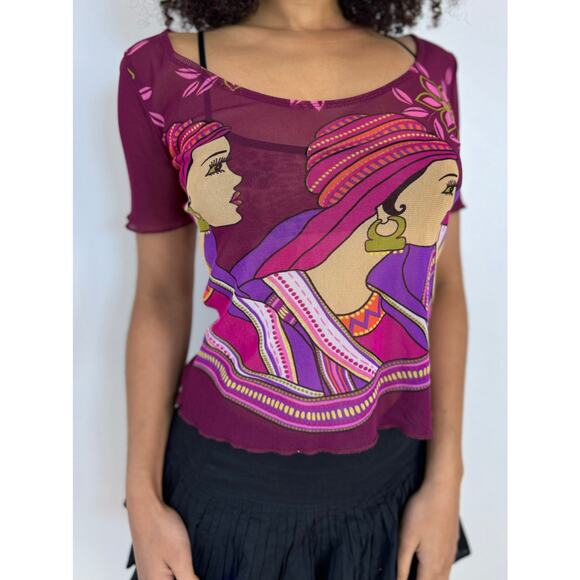 Vintage 00s Woman Graphic Mesh Short Sleeve Tee (S/M) indie gaultier - Picture 8 of 10